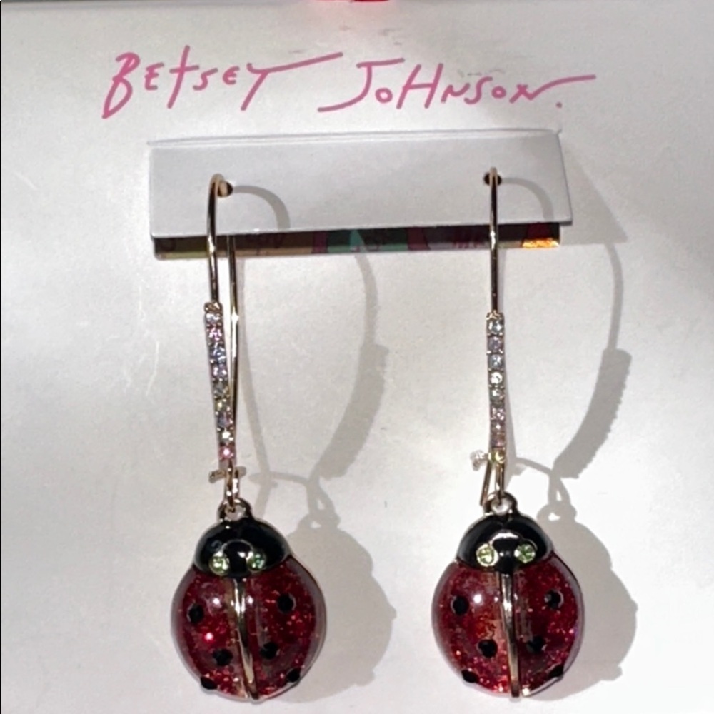 ❤️NWT Betsey Johnson Glitter Red Ladybug Drop Earrings Gold Tone Crystal Sparkle - Picture 4 of 16